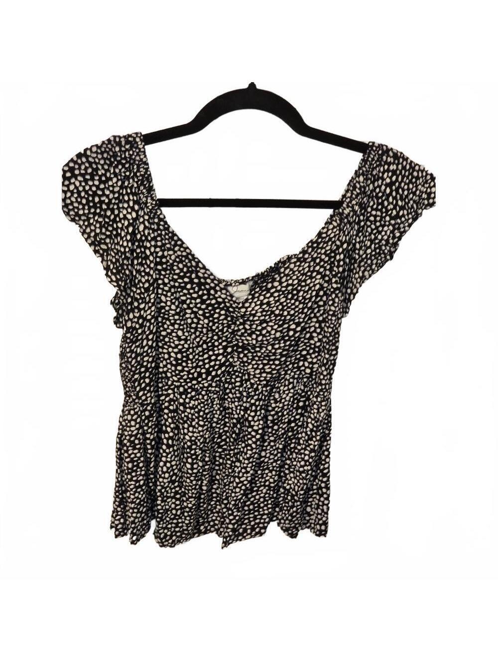 JAPNA Womens Black and White Polka Dot Ruffled Cap Sleeve Blouse